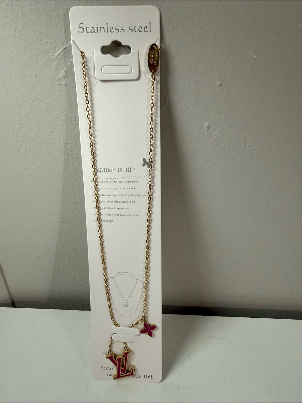 LV Pendant Necklace with Pink Flower Charm